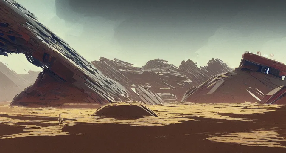 Prompt: detailed concept art of modern megastructure landscape on sand planet like dune, landscape, by martin deschambault, digital, landscape, sci - fi