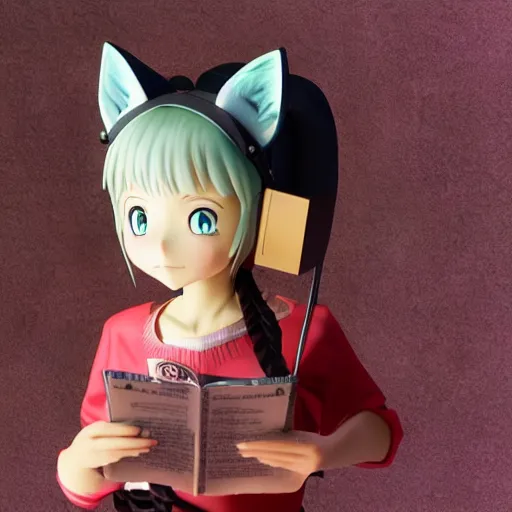 Prompt: Manga book cover portrait of an extremely cute and adorable beautiful ASMR anime girl with cat ears, 3d render diorama by Hayao Miyazaki, official Studio Ghibli still, color graflex macro photograph