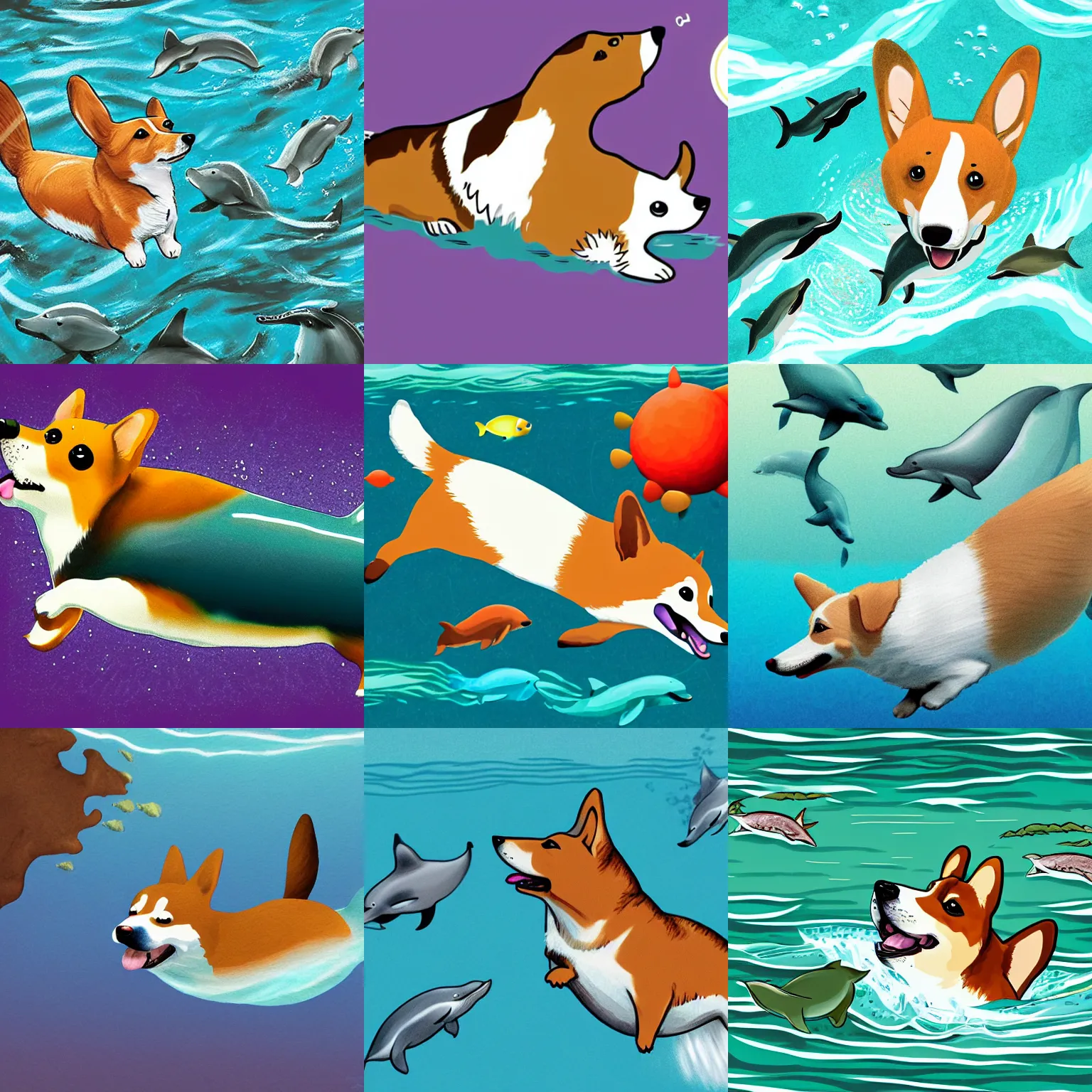 Prompt: illustration of a corgi diving in deep ocean, dolphins around it