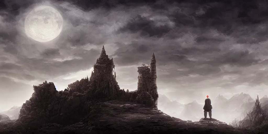 Image similar to old mage traveling a barren landscape towards a distant castle, dramatic moonlight, apocalyptic fantasy, mmo, digital art, 4 k