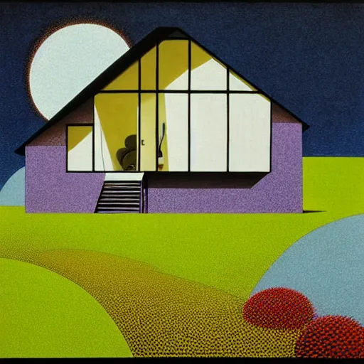 Image similar to surreal glimpse into other universe, house by tadao ando, summer morning, very coherent and colorful high contrast, art by!!!! gediminas pranckevicius!!!!, geof darrow, floralpunk screen printing woodblock, dark shadows, hard lighting, stipple brush technique,