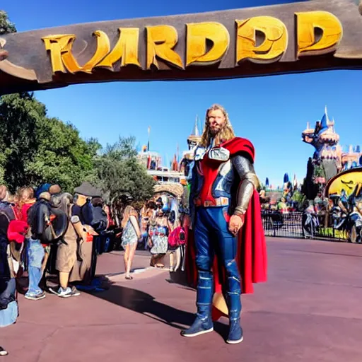 Image similar to Thor standing in line for a ride in DisneyLand