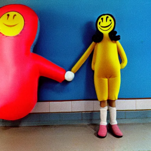 Prompt: 1978 teenage girl holds hands with smiley inflatable boyfriend at high school, color John Waters film, in school hallway, dirty walls, archival footage, technicolor film, 16mm, live action, Fellini, campy