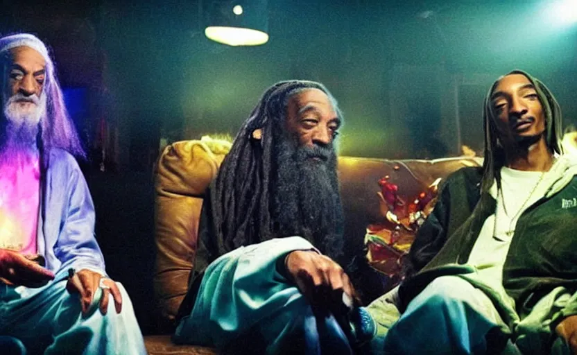 Image similar to a smartphone picture of stoned gandalf and snoop dogg smoking a joint sitting on a couch in a neon night club,