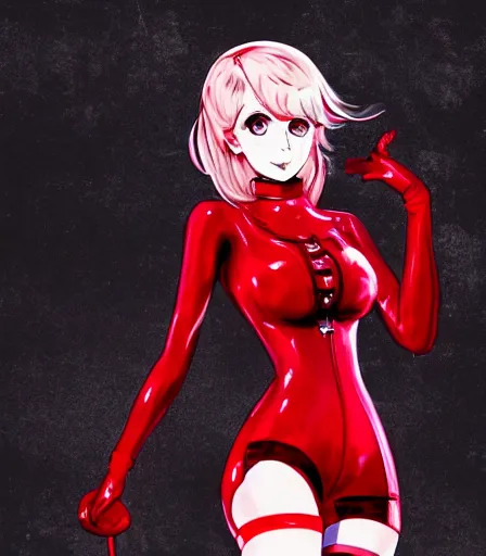 Image similar to beautiful wide angle full body illustration of Ann Takamaki from Persona 5 in red latex outfit in the style of stanley artgerm