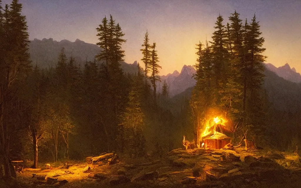 Image similar to small wood cabin with a small campfire on the edge of a forest overlooking a beautiful valley at dusk, mountainous backdrop, cinematic lighting, intricate ink illustration, by albert bierstadt