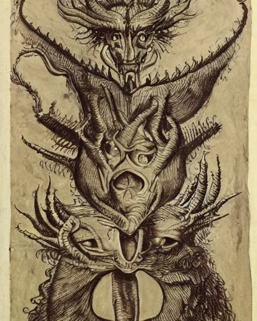 Image similar to a dragon with four heads. one human head, second eagle head, third lion head, fourth ox head. drawn by francis bacon