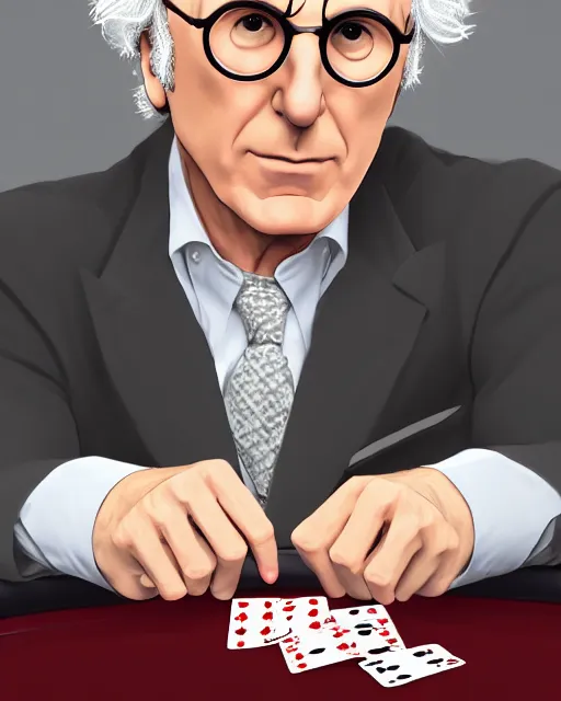 Prompt: larry david playing poker by Zeronis and Avetetsuya Studios and Mitsu Art, red tie, tan jacket, grey eyes, symmetrical face, anime, line art, trending on artstation, artstationHD, artstationHQ, patreon, 4k, 8k