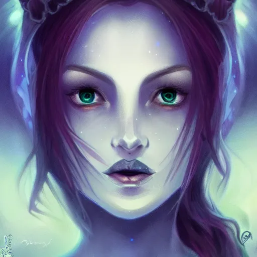 Image similar to detailed portrait of a dark fairy queen, crown, pixie, iris, realism, pale blue, emerald, galaxy, sapphire,dark purple crown,leaves, moonlit, dark fantasy, dramatic lighting, cgsociety, artstation