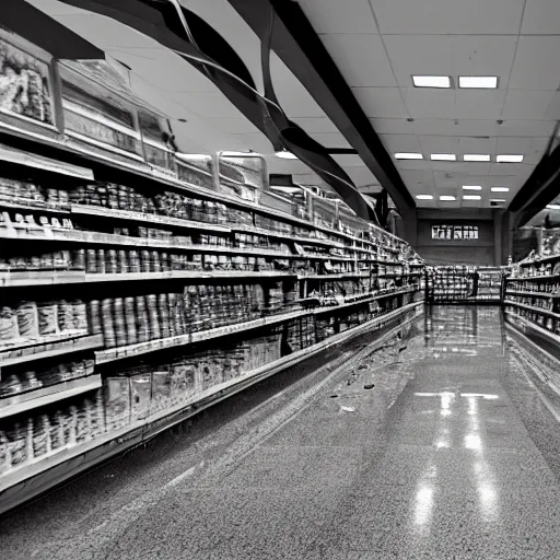 Image similar to a ransacked grocery store, broken signs, filthy flooring. Vines growing. Jpeg artifacts. Award-winning photo. Sigma 40mm f/1.4 DG HSM