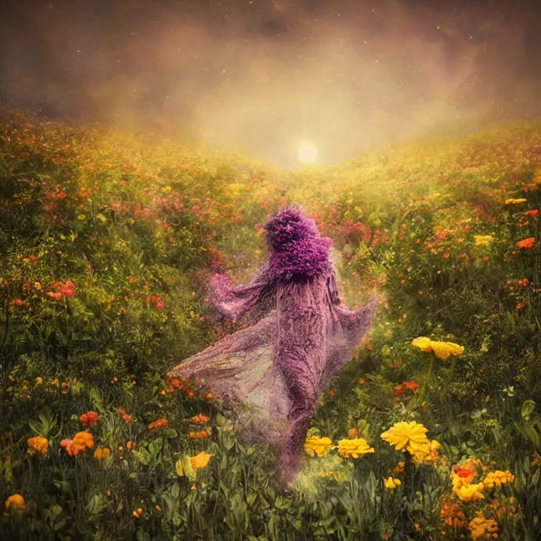 Image similar to a planet of various flowers, fungus and plants, in which the singular human figure is dressed in something magical and impressive, inside the picture is infinity, sunset light, Atmospheric phenomenon, artistic photography, muted colors, conceptual, long exposure outside the city, volumetric light