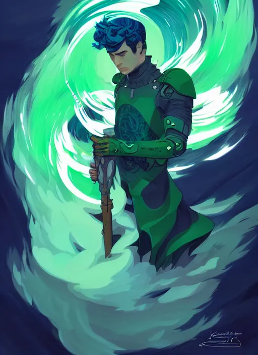 Image similar to style artgerm, joshua middleton, illustration, john krasinski as artificer wearing green pelt light armor, anime eyes, blue hair, swirling water cosmos, fantasy, dnd, cinematic lighting