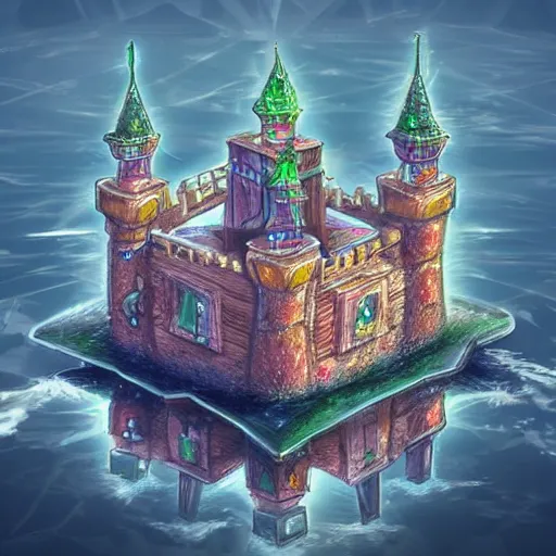 Image similar to an epic drawing Artstation style of a floating castle, with diamonds and crystals buildings around it. Ray tracing reflections,