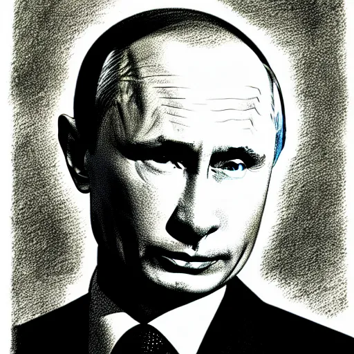 Image similar to vladimir putin with a nuclear mushroom cloud behind him, single subject, editorial style cartoon, ultra detailed pencil drawing