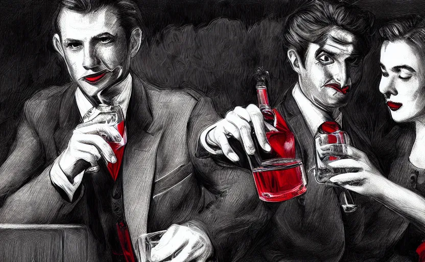Image similar to A handsome Frenchman and the devil toasting over a whiskey, film noir style, black and white and red colors, establishing shot, extremely high level of detail, high quality, digital art