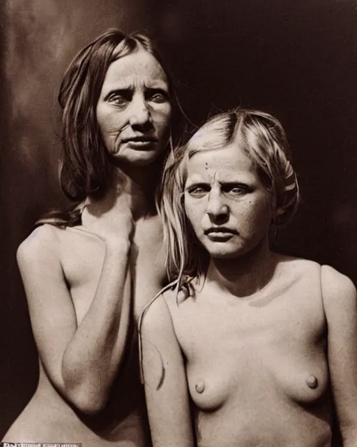 Image similar to two sisters in disheveled luxury, instant photo, by dorothea tanning, taken in the 1 9 7 0 s, atmosphere is eerie, dreamy, beautiful