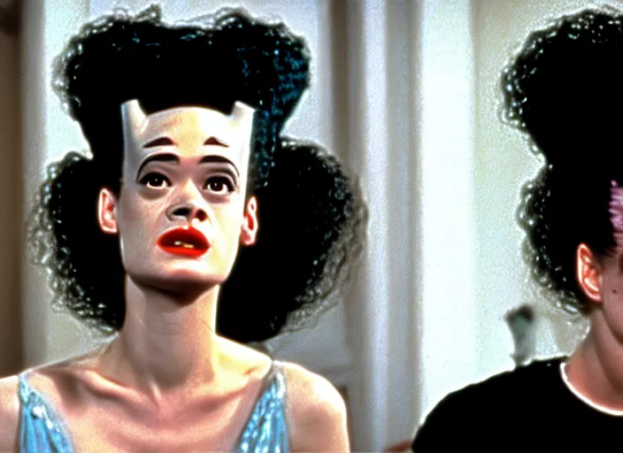 Image similar to bride of frankenstein as a teen, still from john hughes movie sixteen candles