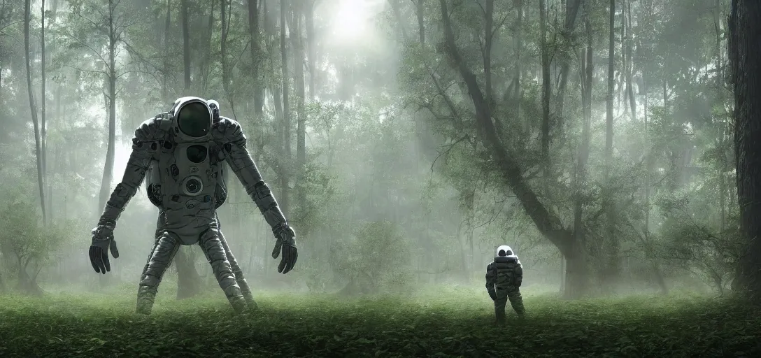 Image similar to an astronaut looking at a complex organic fractal metallic symbiotic ceramic humanoid megastructure creature in a swampy lush forest, foggy, sun rays, cinematic shot, photo still from movie by denis villeneuve, wayne barlowe