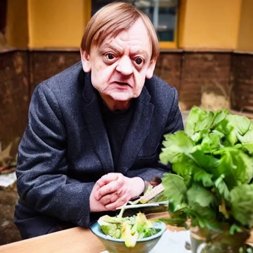 Image similar to mark e smith sitting at a table eating a big pile of vegetables, fork and knife in hand, drooling and licking and smacking his lips, photograph