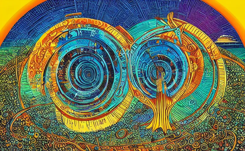 Image similar to a spiraling portal with a spiritual and mystical sound, by howard arkley and dan mumford, artstation