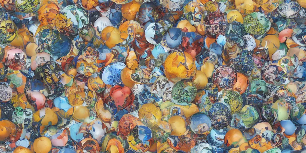 Image similar to 3 6 0 panorama escher style seamless pattern of colorful balls, sculpture in the ancient greek style