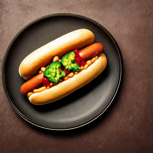 Prompt: promotional photo of a delicious hot dog with broccoli, mustard, ketchup and baked beans, detailed, uhd, 8k, award winning,
