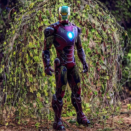 Prompt: abandoned iron man suit covered in vines, 4k realistic photo