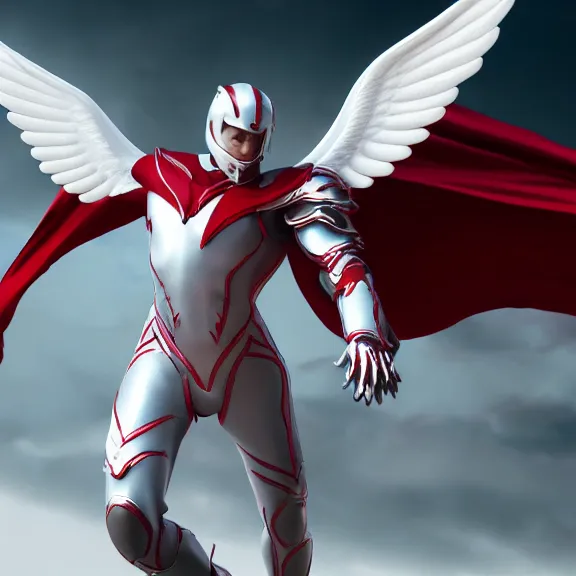 Image similar to cinematic full body shot of a male angel flying, white metallic armor, red cape, elegant pose, detailed arms, detailed white armor, two arms, two legs, detailed fanart, macro art, realistic digital art, DeviantArt, artstation, 3D realistic, 8k HD, octane render