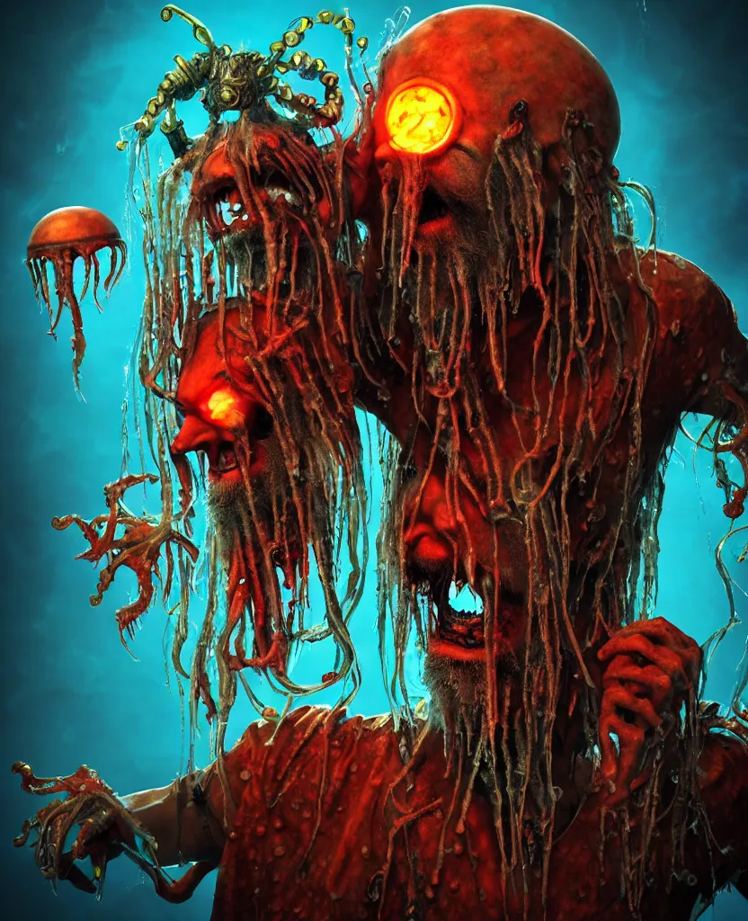 Prompt: Rob Zombie and Captain Spalding (The Devils Rejects), epic angle and pose, symmetrical artwork, 3d with depth of field, blurred background, cybernetic jellyfish female face skull phoenix bird, translucent, nautilus, energy flows of water and fire. a highly detailed epic cinematic concept art CG render. made in Maya, Blender and Photoshop, octane render, excellent composition, cinematic dystopian brutalist atmosphere, dynamic dramatic cinematic lighting, aesthetic, very inspirational, arthouse. y Greg Rutkowski, Ilya Kuvshinov, WLOP, Stanley Artgerm Lau, Ruan Jia and Fenghua Zhong