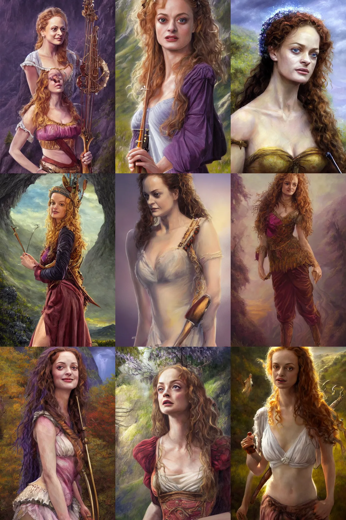 Image similar to a full body high detail fantasy portrait oil painting illustration of young heather graham as a beautiful sophisticated singing bard woman by justin sweet with face and body clearly visible, in a scenic background, pupils visible, realistic proportions, d & d, rpg, forgotten realms, artstation trending, high quality, sombre mood, artstation trending, muted colours, entire person visible!