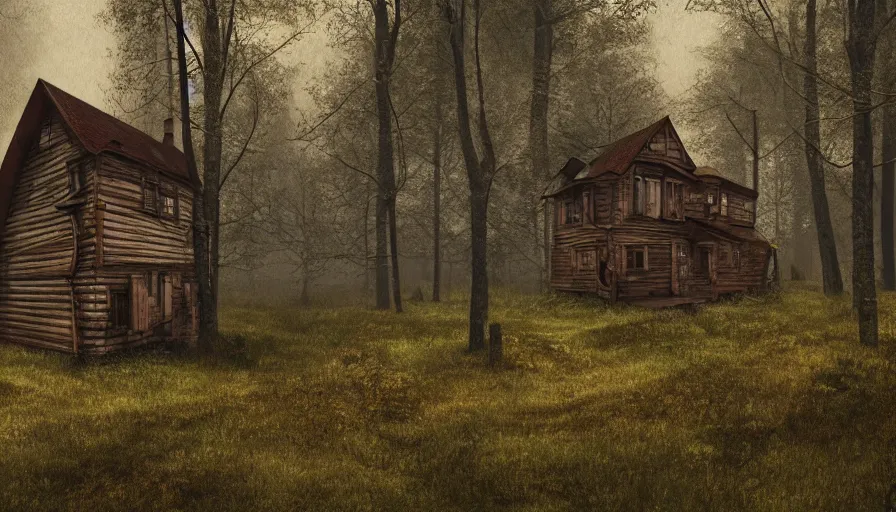 Prompt: abandoned wooden 1 9 0 0's house in german forest, rainy evening, muddy ground, hyperdetailed, artstation, cgsociety, 8 k