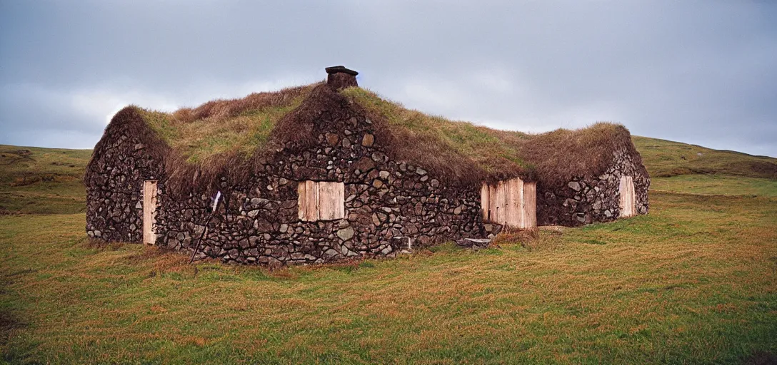 Prompt: postmodern scottish blackhouse. fujinon premista 1 9 - 4 5 mm t 2. 9. portra 8 0 0.