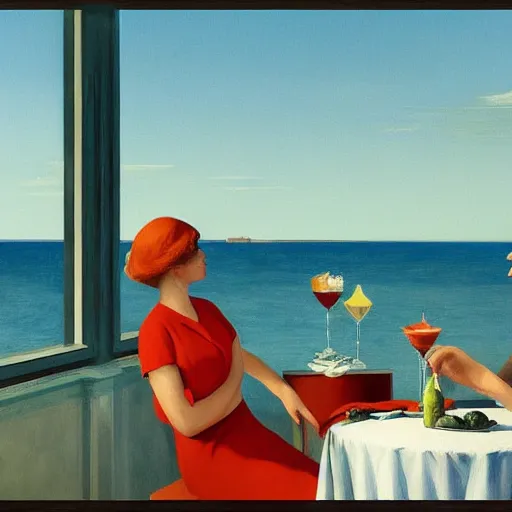 Prompt: Italian aperitivo at the seaside by Edward Hopper, 8k, octane render, detailed detailed digital art, ultra sharp