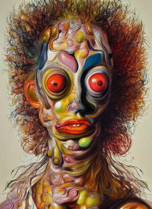 Prompt: a strange, biomorphic painting of a woman with large eyes, in vibrant colours in the style of jenny saville, in the style of charlie immer, highly detailed, emotionally evoking, head in focus, volumetric lighting, oil painting, timeless disturbing masterpiece, arcimboldo