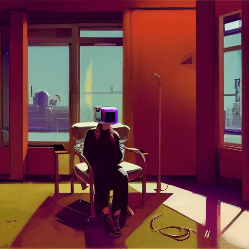 Image similar to illustration of a woman in vr headset sitting in cyberpunk room behind the window, by syd mead, greg rutkowski and ivan shishkin