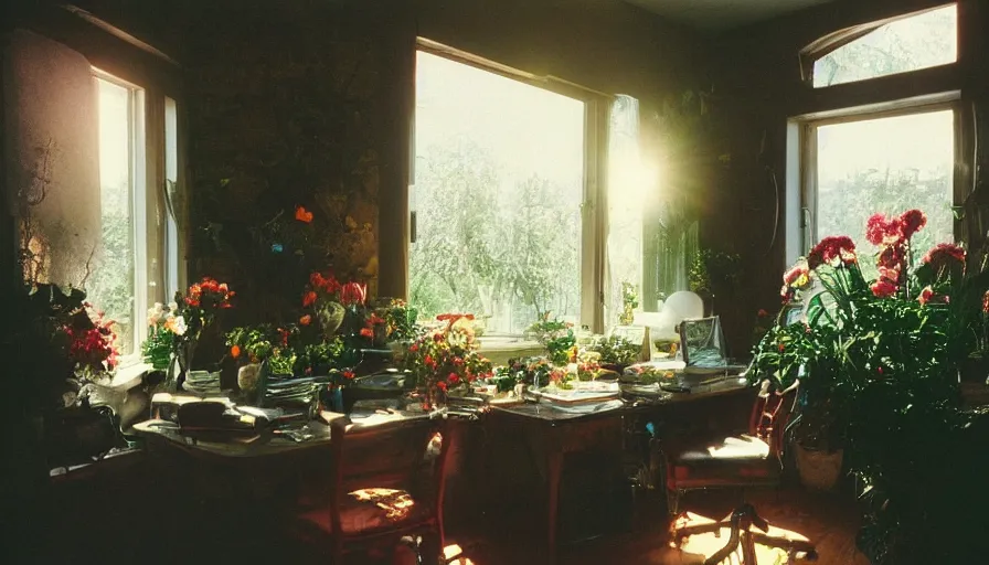 Image similar to 1 9 9 0 s candid 3 5 mm photo of a beautiful day in the a dreamy flowery cottage, cinematic lighting, cinematic look, golden hour, a desk for flower arrangements has sun shinning on it through a window, uhd