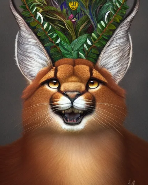 Prompt: a laurel wreath on top of a head of fluffy caracal, photography of kurzgesagt, no people, deep focus, d & d, intricate, elegant, highly detailed, digital painting, artstation, concept art, matte, sharp focus, illustration, hearthstone, art by artgerm and greg rutkowski and alphonse mucha