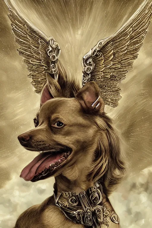 Prompt: God had dog Chihuahua's head, a radiant halo and wings, detailed face, gorgeous, flowing hair, very muscular male body, partial anatomy, stormy and grand war scene, delicate and intricate borders for decoration, caesar victorious, proud Emperor, split lighting, character close-up, intricate, highly detailed, 8K, digital painting, fantasy, concept art, sharp focus, art by greg rutkowski beeple and alphonse mucha