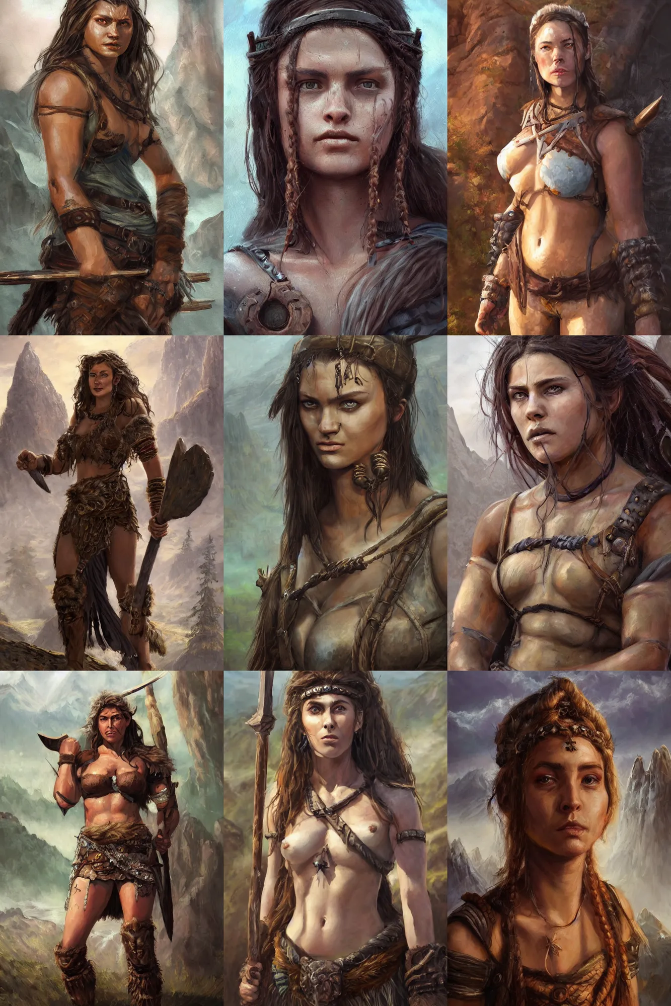 Image similar to a full body high detail fantasy portrait oil painting illustration of a beautiful young rugged stoic barbarian woman by justin sweet with face and body clearly visible, in a scenic background, pupils visible, realistic proportions, d & d, rpg, forgotten realms, artstation trending, high quality, sombre mood, artstation trending, muted colours, entire person visible!