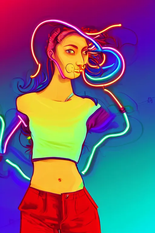 Image similar to a award winning half body portrait of a beautiful woman with stunning eyes in a croptop and cargo pants with rainbow colored ombre hairstyle head in motion and hair flying by thomas danthony, surrounded by whirling illuminated neon lines, outrun, vaporware, shaded flat illustration, digital art, trending on artstation, highly detailed, fine detail, intricate