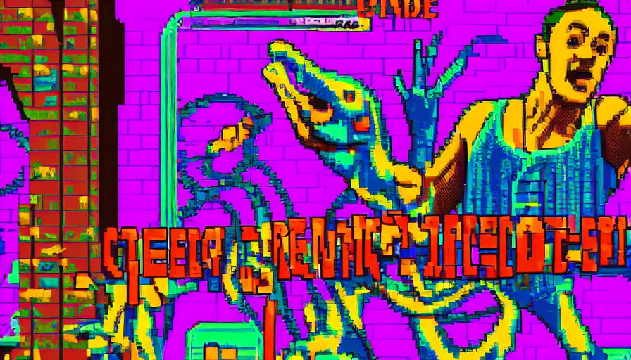 Image similar to beautiful still from retro snes arcade game featuring gene kelly demanding a refund on undercooked overpriced dinosaur steak in downtown dive bar bistro, hyperreal detailed facial features and uv lighting, retro nintendo bitmap pixel art