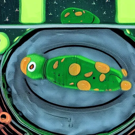 Image similar to a cute green caterpillar spinning a chrysalis inside a space station, sci-fi illustration