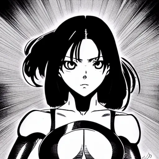 Image similar to alita by yukito kishiro. medium shot. black and white manga. pencil drawing. high detailed face