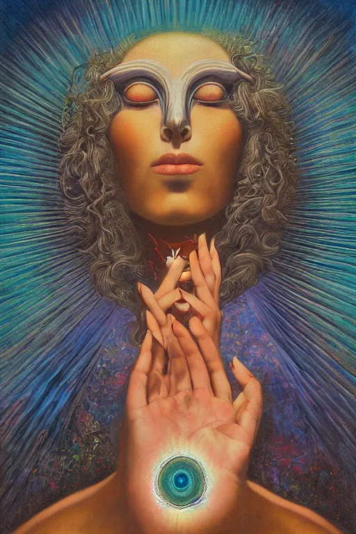 Image similar to mystic cult girl performing realism third eye ritual, expanding energy into waves into the ethos, epic surrealism 8k oil painting, portrait, high definition, post modernist layering, by Ernst Fuchs, Gerald Brom