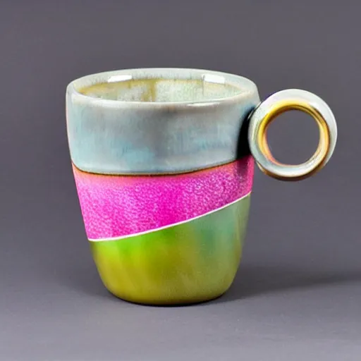 Image similar to avant - garde geometric ceramic mug with bright iridescent glaze