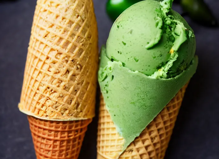 Image similar to dslr food photograph of ice cream cone with sliced jalapeno topping, 8 5 mm f 1. 8