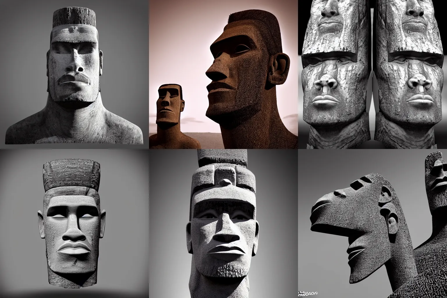 Prompt: Gigachad as an Easter Island head, trending on artstation, unreal engine, artstationHQ, black and white, studio lighting