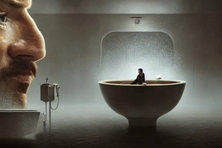 Image similar to hyperrealism aesthetic ridley scott style photography of detailed giant peeing in detailed ultra huge toilet bowl in surreal scene from detailed art house movie in style of denis villeneuve and wes anderson