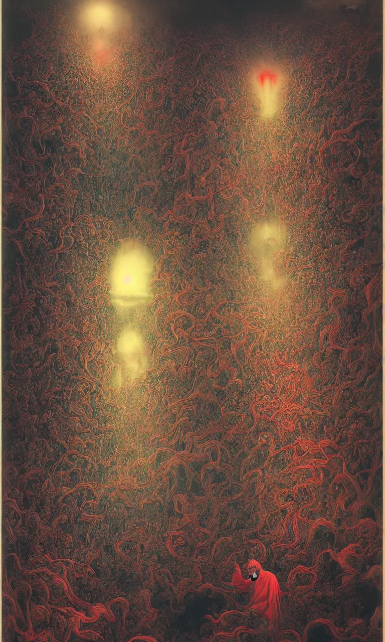 Image similar to zhongyuan festival, chinese ghost festival, king of hell, inside page of comic book, psychedelic lights and fog, in the style of zdzislaw beksinski, ayami kojima, takato yamamoto, barclay shaw, karol bak, glowing light and shadow, hyperrealist