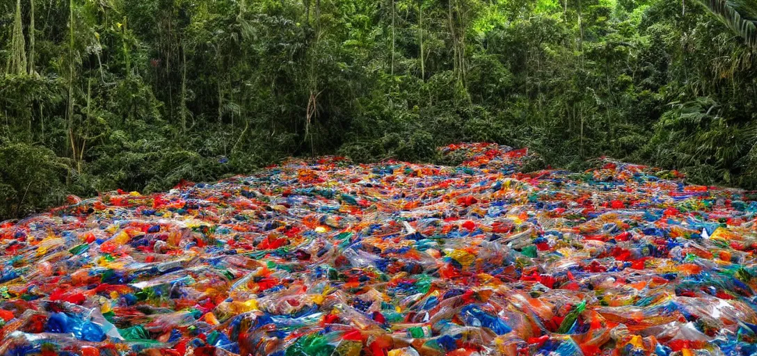 Image similar to a very high resolution image from a new movie. amazon forest made of plastic bags of different colors. photorealistic, photography, directed by anthony russo